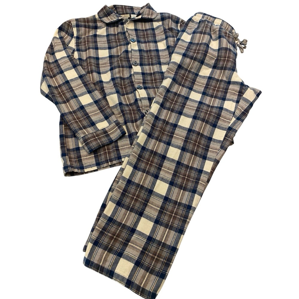 LL Bean Flannel Pajama Set Mens Medium Blue Brown Plaid 100 Cotton Flaw